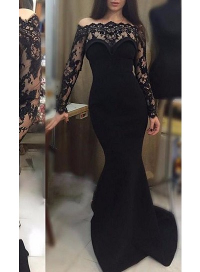 2022 Junoesque Black Lace Long Sleeve Scalloped Neck Mermaid Prom Dresses