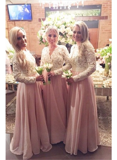 2024 A Line Pearl Pink Lace Long Sleeves V Long Bridesmaid Dresses / Gowns