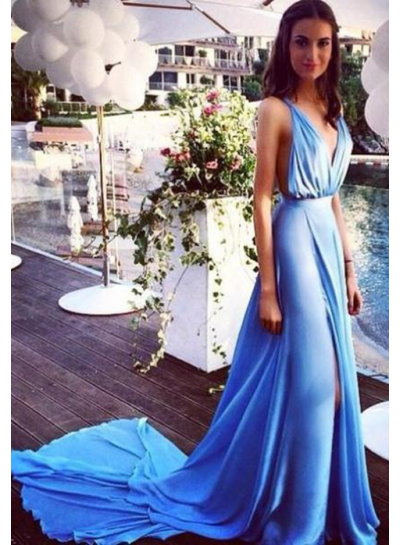 rebe gown 2024 Blue Front-Slit Spaghetti Straps Chiffon Prom Dresses