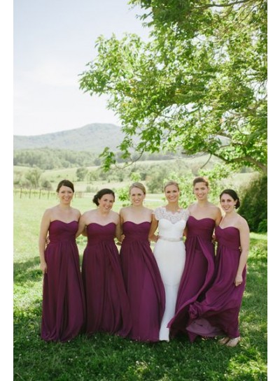 2024 A Line Burgundy Chiffon Long Ruffles Strapless Bridesmaid Dresses / Gowns