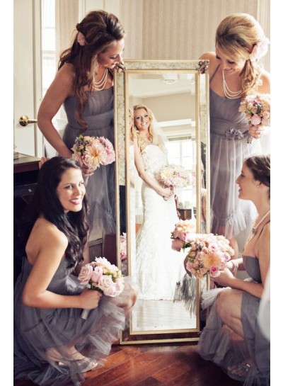 2024 New Arrival Silver A Line Tulle Halter Short Bridesmaid Dresses / Gowns