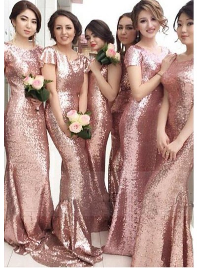 2024 Newly Mermaid  Sequins Short Sleeves Long Train Pink Bridesmaid Dresses / Gowns