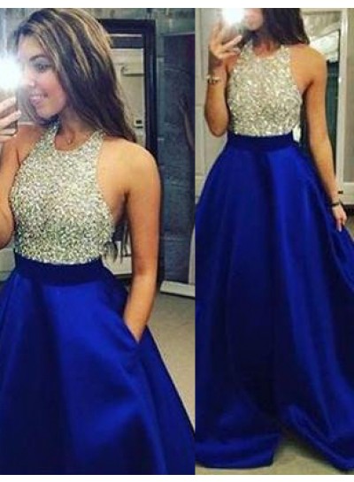 rebe gown 2022 Blue Beading Halter A-Line Satin Prom Dresses