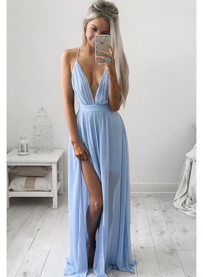 rebe gown 2022 Blue Prom Dresses Long Floor length A-Line Spaghetti Straps Chiffon