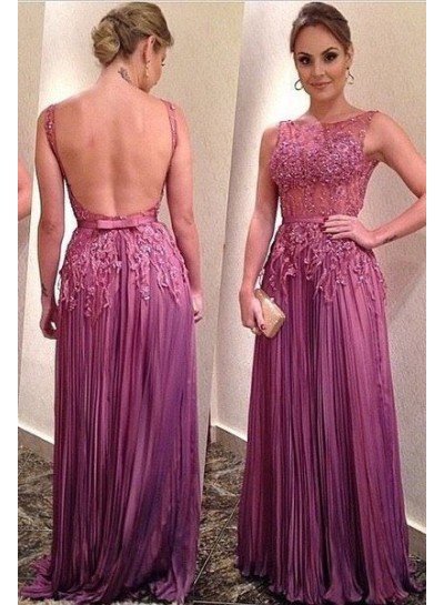 Appliques Pleated Backless Chiffon Prom Dresses