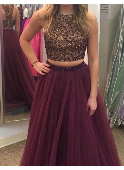 Long Floor length A-Line Sequins Tulle Prom Dresses