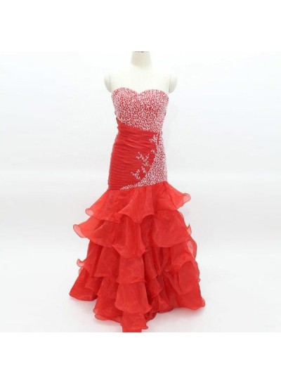 2022 Gorgeous Red Long Floor length Mermaid Sweetheart Chiffon Prom Dresses