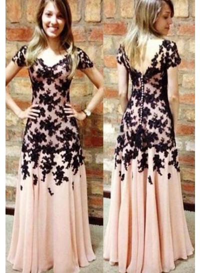 Appliques Short Sleeves A-Line Chiffon Pearl Pink With 2022 Junoesque Black Prom Dresses