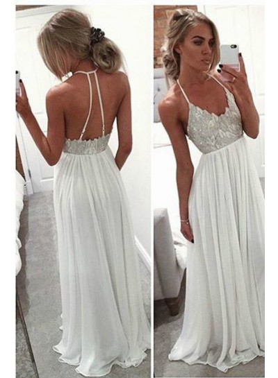 2022 Unique White Column/Sheath Spaghetti Straps Sleeveless Natural Backless Long Floor length Chiffon Prom Dresses