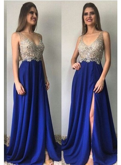 Royal Blue Column/Sheath V-Neck Sleeveless Natural Zipper Long Floor length Chiffon Prom Dresses