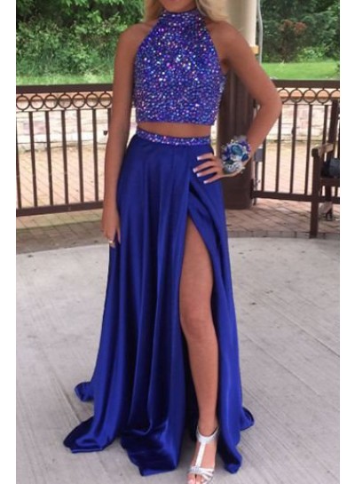 rebe gown 2024 Blue Beading High-Slit Stretch Satin Two Pieces Prom Dresses