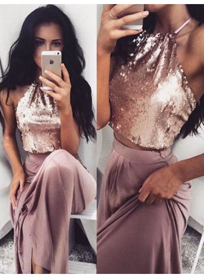 Halter A-Line Sequined Prom Dresses