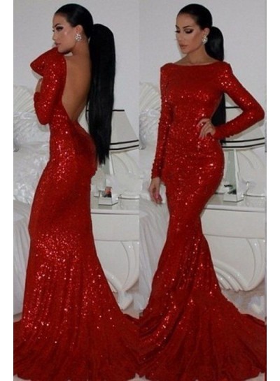 2024 Gorgeous Red Long Sleeve Backless Mermaid Sequined Prom Dresses
