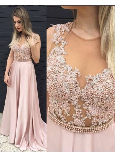 A-Line Round Neck Sleeveless Natural Sweep/Brush Train Prom Dresses