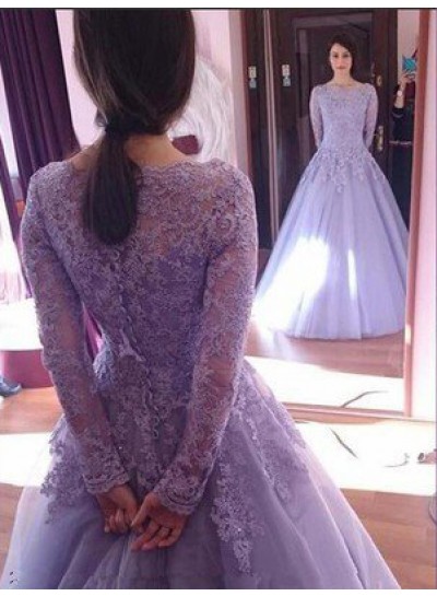 Lace Long Sleeve A-Line Tulle Prom Dresses