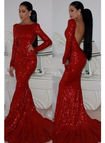 2022 Gorgeous Red Mermaid Bateau Long Sleeve Backless Sequined Prom Dresses