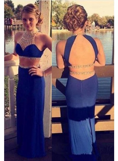 rebe gown 2022 Blue Sexy Two Pieces Open Back High Neck Beading Long Floor length Prom Dresses