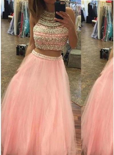 Halter Beading A-Line Tulle Two Pieces Prom Dresses