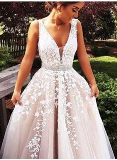 2024 Unique White A-Line V-Neck Sleeveless  Long Floor length Tulle Prom Dresses