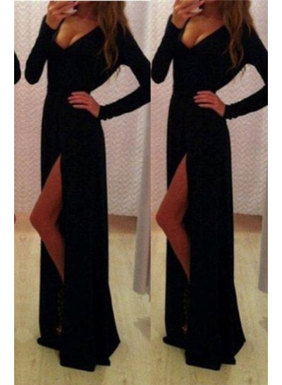 2024 Junoesque Black Prom Dresses Long Floor length A-Line V-Neck Split Front Spandex