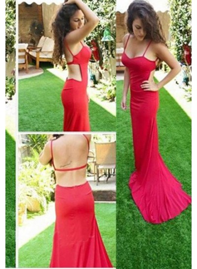 2022 Gorgeous Red Column/Sheath Spaghetti Straps Sleeveless Natural Backless Long Floor length Prom Dresses