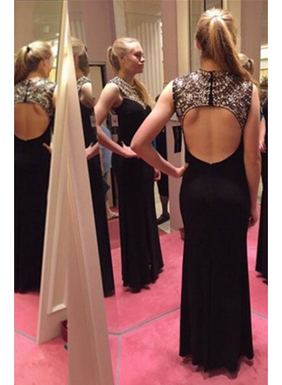 2022 Junoesque Black A-Line Sleeveless Natural Backless Long Floor length Chiffon Beading Prom Dresses