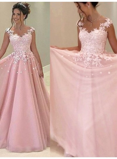 2022 Glamorous Pink Appliques V-Neck A-Line Tulle Prom Dresses