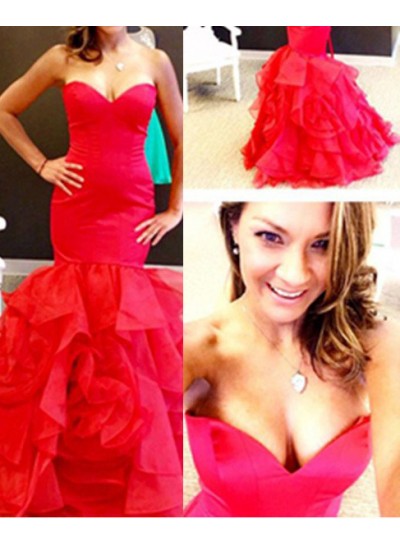 2024 Gorgeous Red Sweetheart Layers Mermaid Organza Prom Dresses
