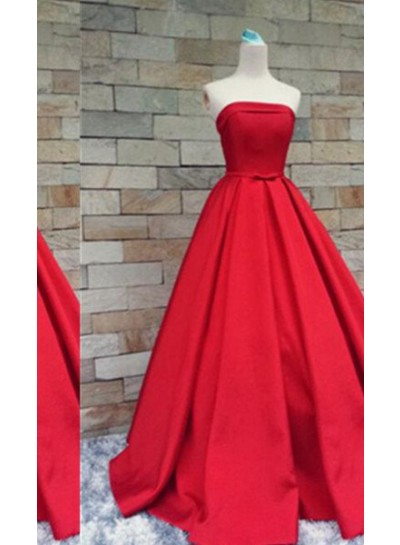 2024 Gorgeous Red Long Floor length A-Line Strapless Long Floor length Satin Prom Dresses