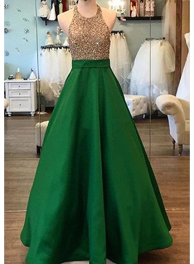 Beading A-Line Satin Prom Dresses Dark Green