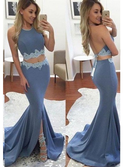 rebe gown 2022 Blue Appliques Mermaid Stretch Satin Two Pieces Prom Dresses