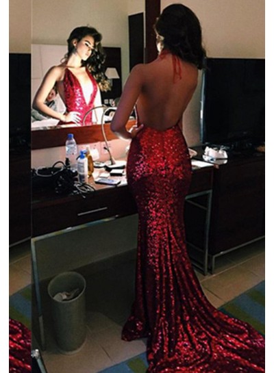 Sexy 2022 Gorgeous Red Sequins Backless Mermaid Prom Dresses