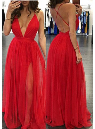 2022 Gorgeous Red Sexy Deep V-Neck A-Line Prom Dresses