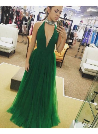 2022 Cheap Princess/A-Line Emerald Tulle V-neck Prom Dresses