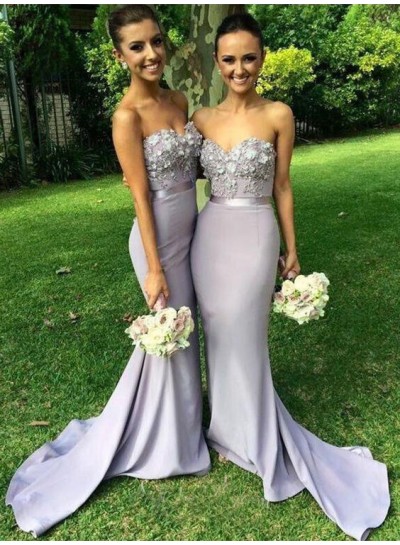 2023 Newly Silver Mermaid  Satin Sweetheart With Appliques Long Train Bridesmaid Dresses / Gowns
