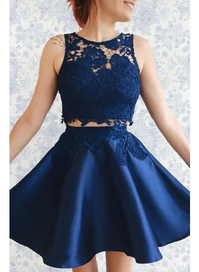 Navy Blue Satin Two Pieces Short Prom Dresses
