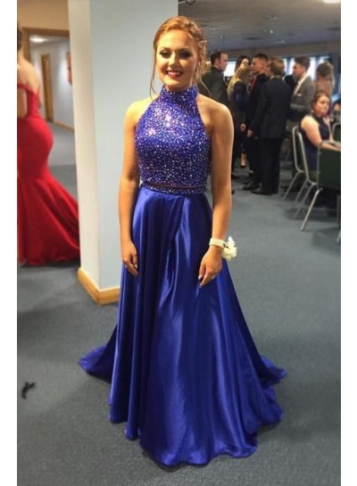 Two Pieces Royal Blue Satin Beaded Prom Dresses