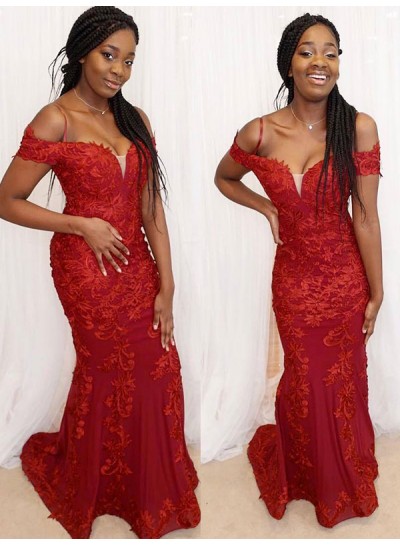Lace Off the Shoulder Sheath Sleeveless Floor-Length Prom Dresses