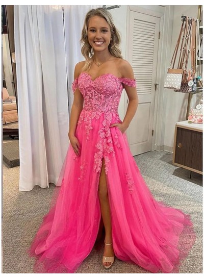 Appliques Tulle Off the Shoulder A-Line Sleeveless Sweep/Brush Train Prom Dresses