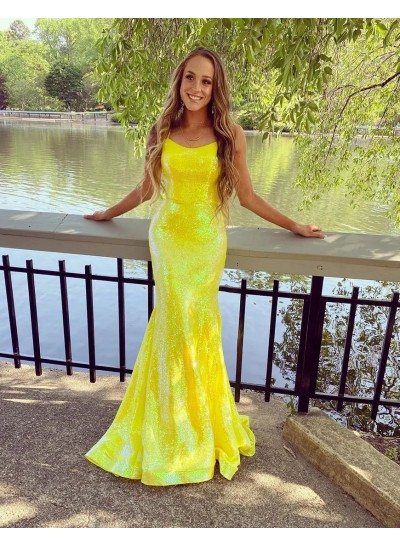 Sequins Mermaid Sleeveless Spaghetti Straps Brush Train Prom Dresses