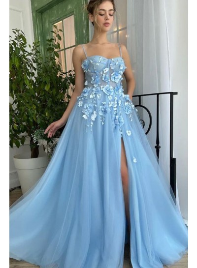 Hand-Made Flower A-Line Tulle Spaghetti Straps Sleeveless Sweep Train Prom Dresses