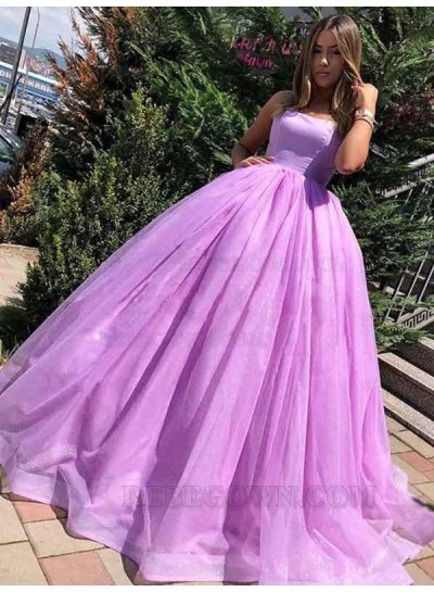 Ball Gown Spaghetti Straps Tulle Sleeveless Brush Train Prom Dresses