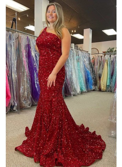 2024 Plus Sizes Column Sequins One shoulder Sleeveless Sweep/Brush Train Prom Dresses