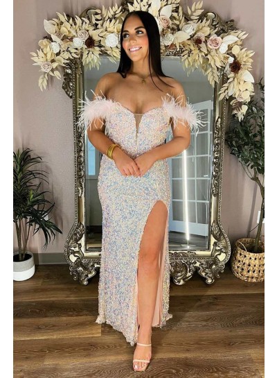 2024 Off the Shoulder Sheath/Column Sleeveless Brush Train Sequins Feathers Prom Dresses