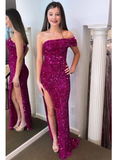 2023 Sheath/Column Sequins One Shoulder Sweep/Brush Train Sleeveless Prom Dresses