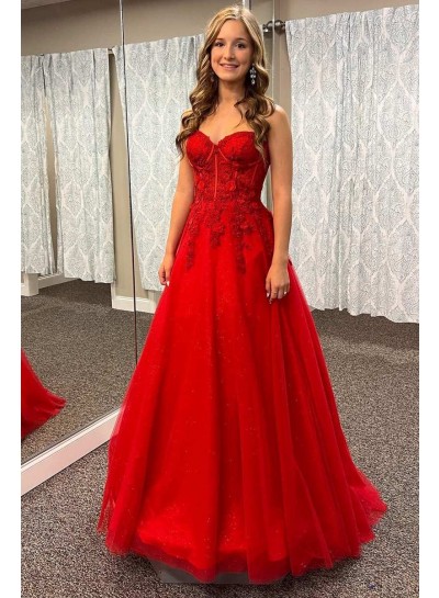2024 Tulle Appliques Ball Gown Sleeveless Strapless Sweep/Brush Train Prom Dresses
