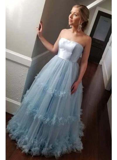 2024 Ball Gown Tulle Hand-Made Flower Sleeveless Strapless Brush Train Prom Dresses