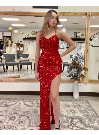 2023 Column Sequins Spaghetti Straps Floor-Length Sleeveless Prom Dresses