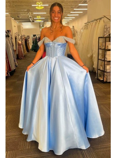 2024 Ball Gown Silk like Satin Off the Shoulder Sleeveless Brush Train Beading Prom Dresses