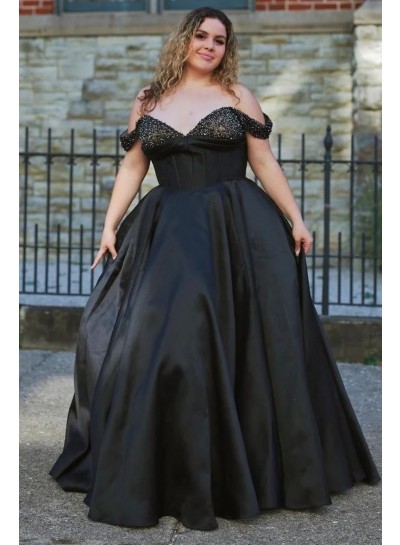 2023 Ball Gown Off the Shoulder Satin Plus Sizes Sleeveless Beading Brush Train Prom Dresses